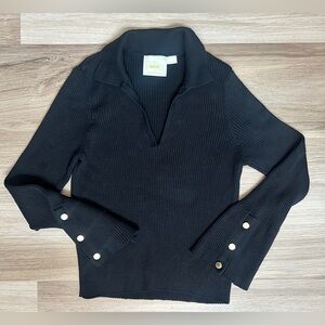 Anthropologie Maeve Polo Bell Sleeve Sweater Women's Black Ribbed Size 1X